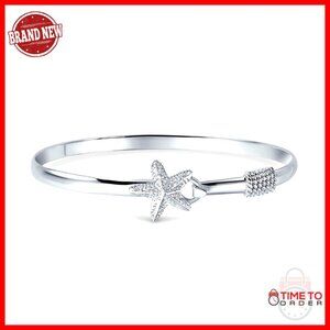 Sterling Silver Bangle Bracelet Nautical Starfish Hook Closure Elegant Minimal